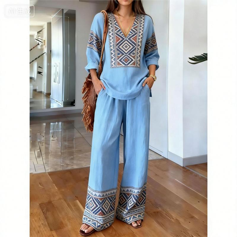 Spot Y1 bohemian V-neck top wide-leg pants two-piece women's clothing European and American fashion suit