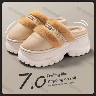 Модные новые зимние женские тапочки Женские из искусственной замши Пушистые меховые домашние тапочки Женские с закрытым носком Домашняя обувь Утолщенная подошва Нескользящие тапочки