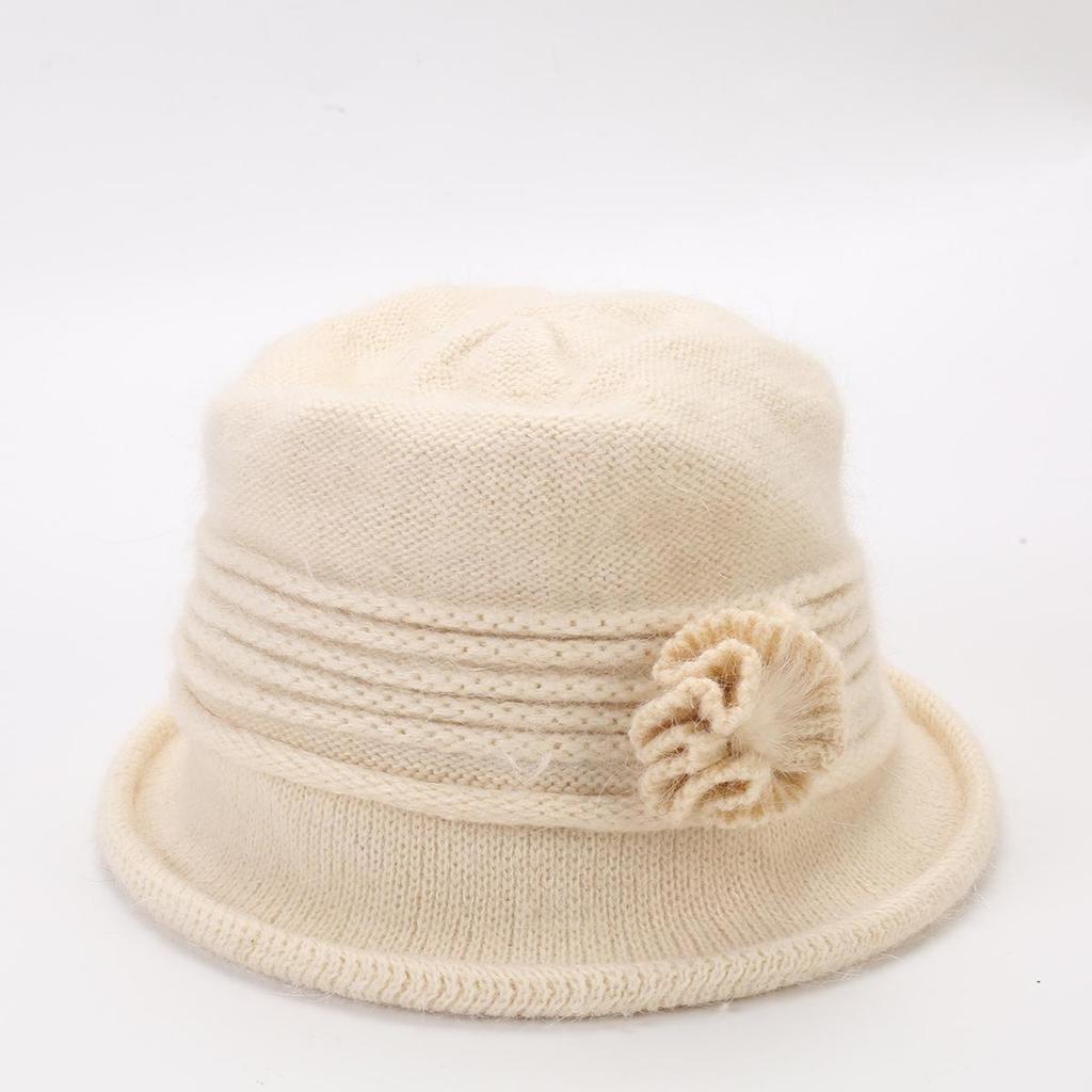 Women's Knitted Women's Rabbit Proof Wool Pot Hat Autumn Winter Thickened Warm Keeping Mother's Hat Flower