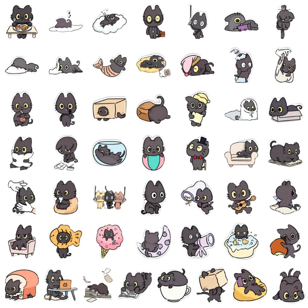 50Pcs Waterproof Cute Kitten Sticker Cartoon Funny Meme Sticker Kawaii Black Cat Sticker Skateboard