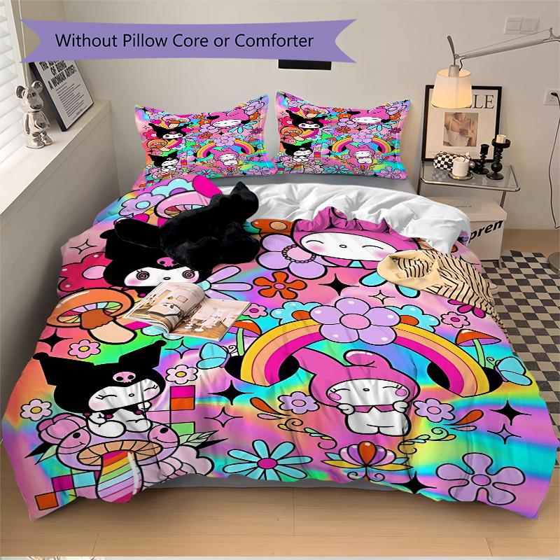 3pcs My Melody Kuromi and Friends Print Bedding Set (1 Cover + 2 Pillowcases, Without Inserts), This Printed Bedding Set is Soft and Comfort