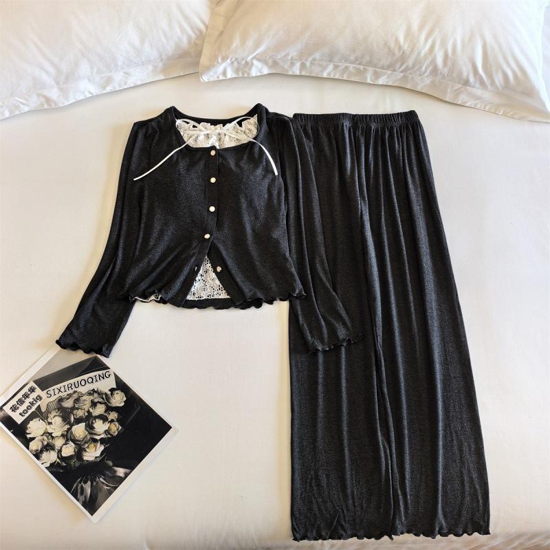 Женский пижамный комплект Chunqiu из модального вискозного волокна с кружевом и нагрудными вкладышами - с длинным рукавом и брюками