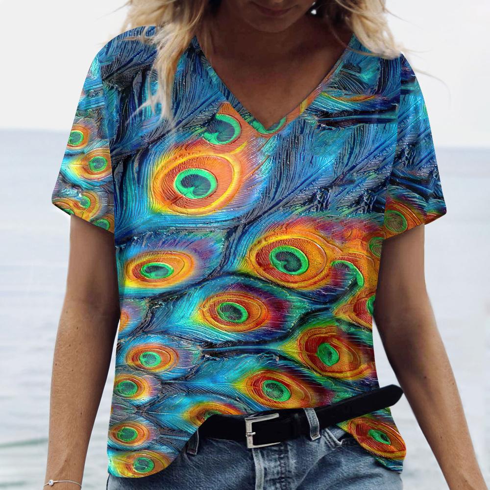 Summer Fashions Women‘S T-Shirts Colorful Peacock Feather Prined Short Sleeve Clothing V Neck Woman Loose Porosity