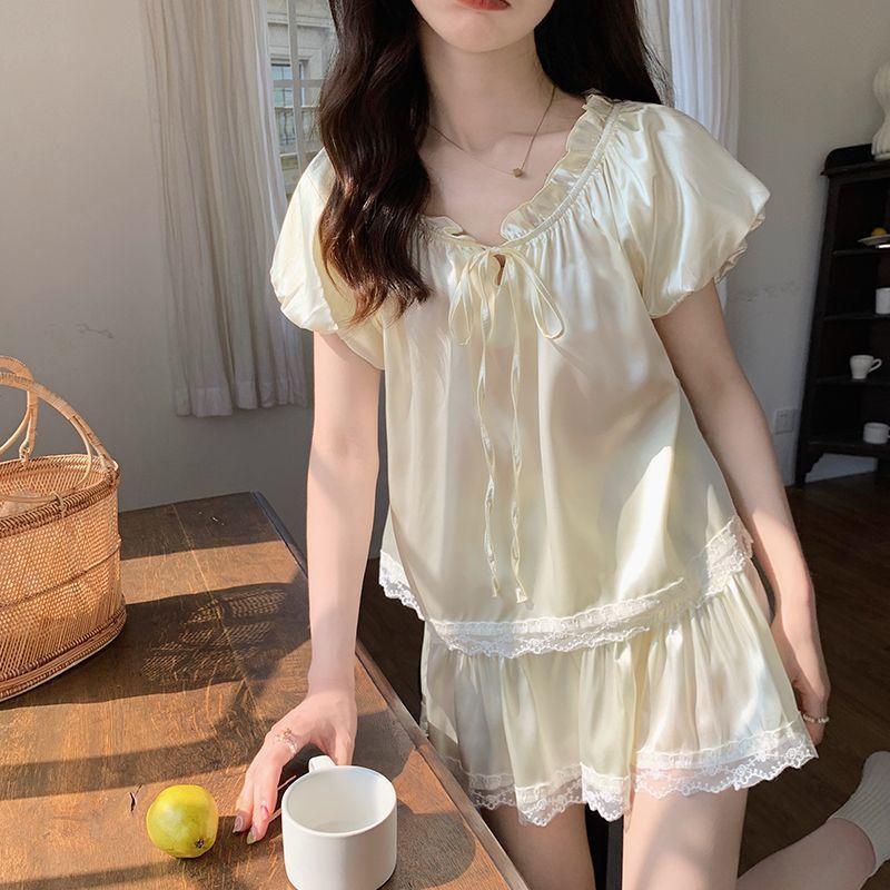 Женские пижамы из ледяного шелка с короткими рукавами, летняя тонкая и милая домашняя одежда