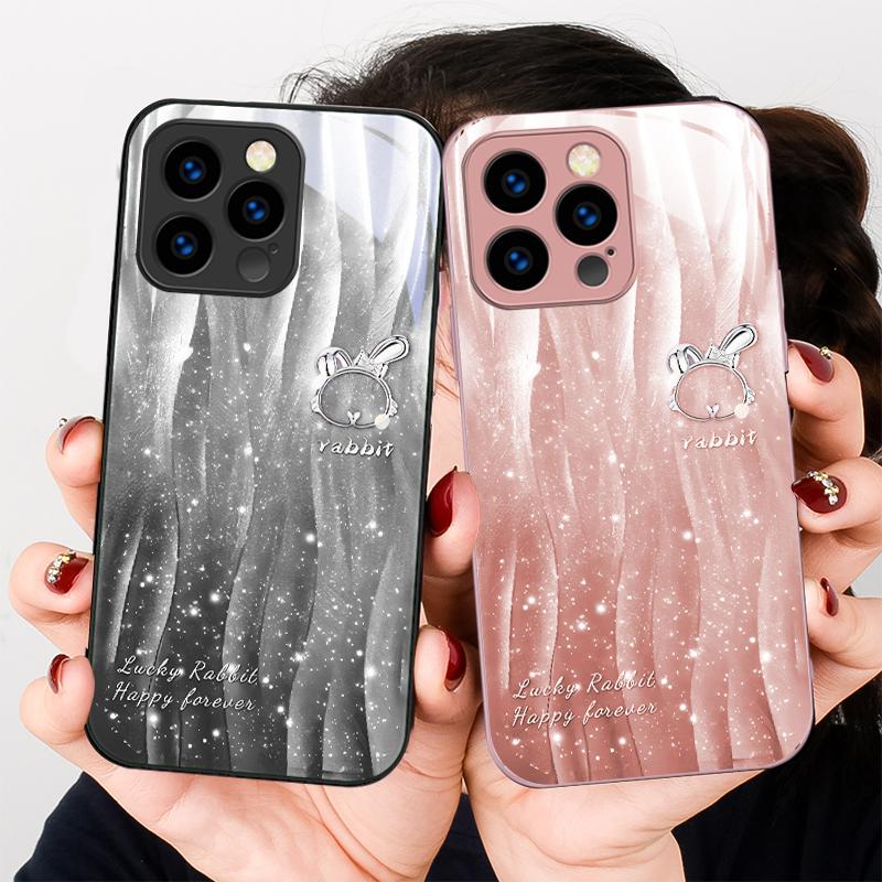 Чехол из закаленного стекла с градиентом и кроликом для iPhone 16 Pro Max 15 Plus 14 Pro 13 12 Mini 11 Pro Max X XS 7 8 Plus 2022