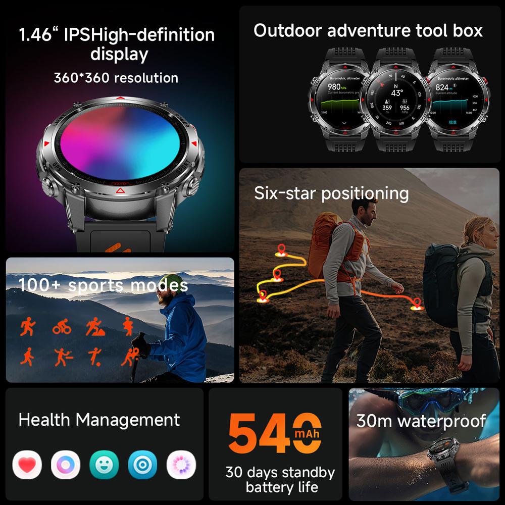 Новые смарт-часы T-Rex 3 для мужчин со встроенным GPS, батарея 540 мАч, водонепроницаемость 3 АТМ, компас, барометр, альтиметр, спортивные смарт-часы для мужчин