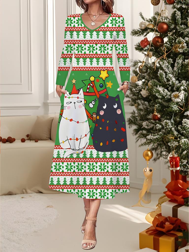 2025 Осень и Зима Новое Женское Повседневное Модное Платье Принт 3D Снежинки Длинный Рукав V-образный Вырез А-силуэт Рождественский Подарок