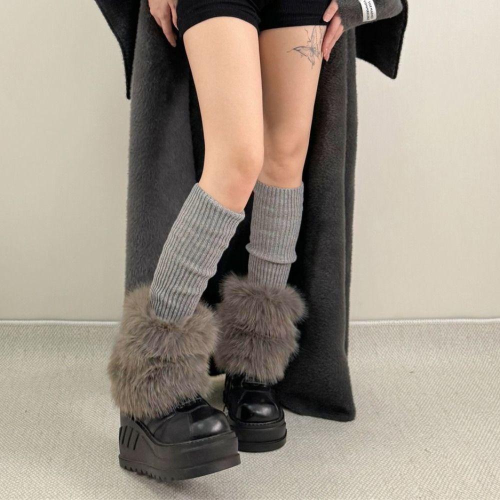Knitted Winter Leg Warmers Y2K Long Stockings Vintage Furry Leg Warmers Streetwear
