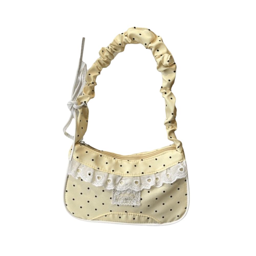 Lace Polka Dot Shoulder Bag Drawstring French Stick Handbag Y2K Pleated Underarm Bag Travel