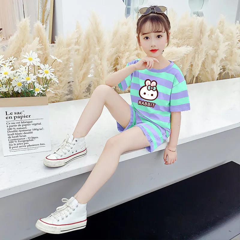 Детский костюм, летний корейский комплект с 3D принтом в тонкую розовую полоску для девочек, повседневные студенческие шорты, комплект из двух предметов