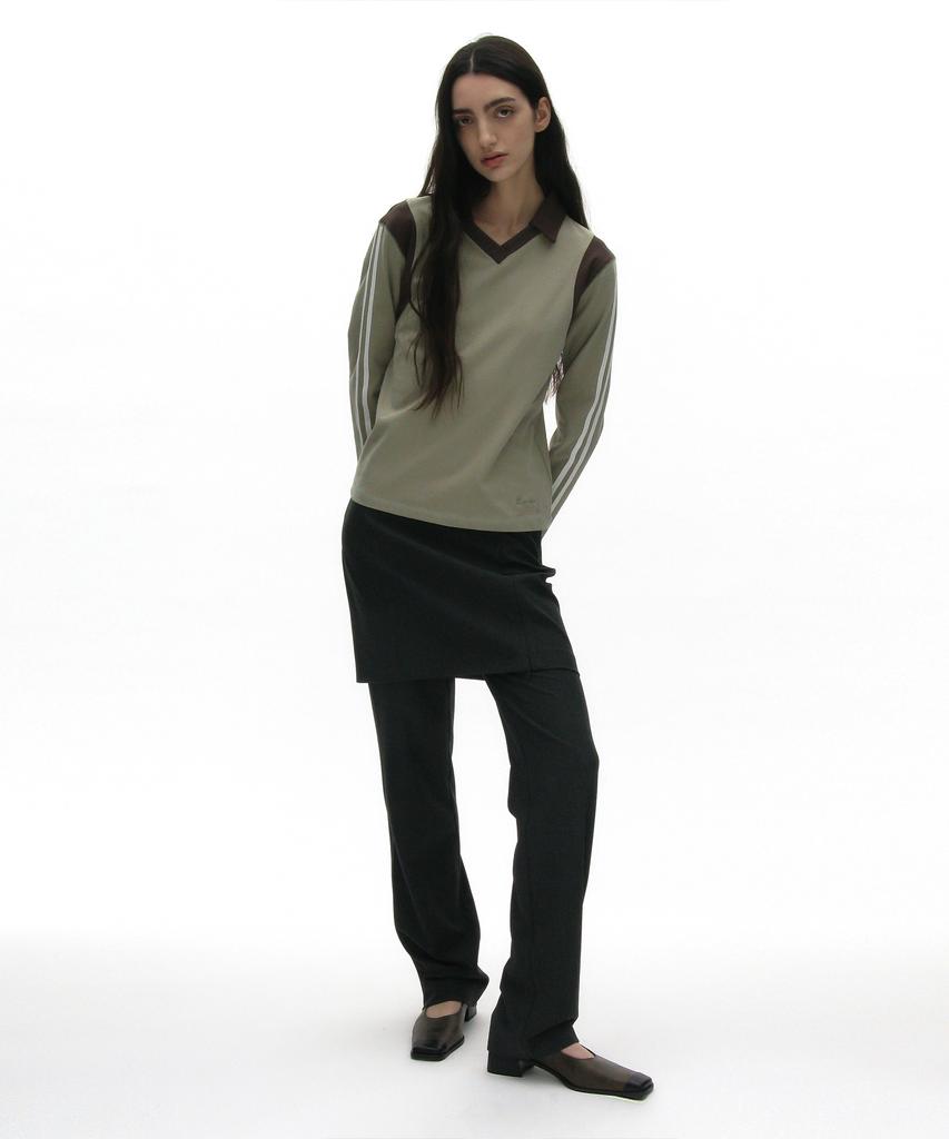 PARTIMENTO WOMEN Striped Colorblock Polo Tee_Light Khaki