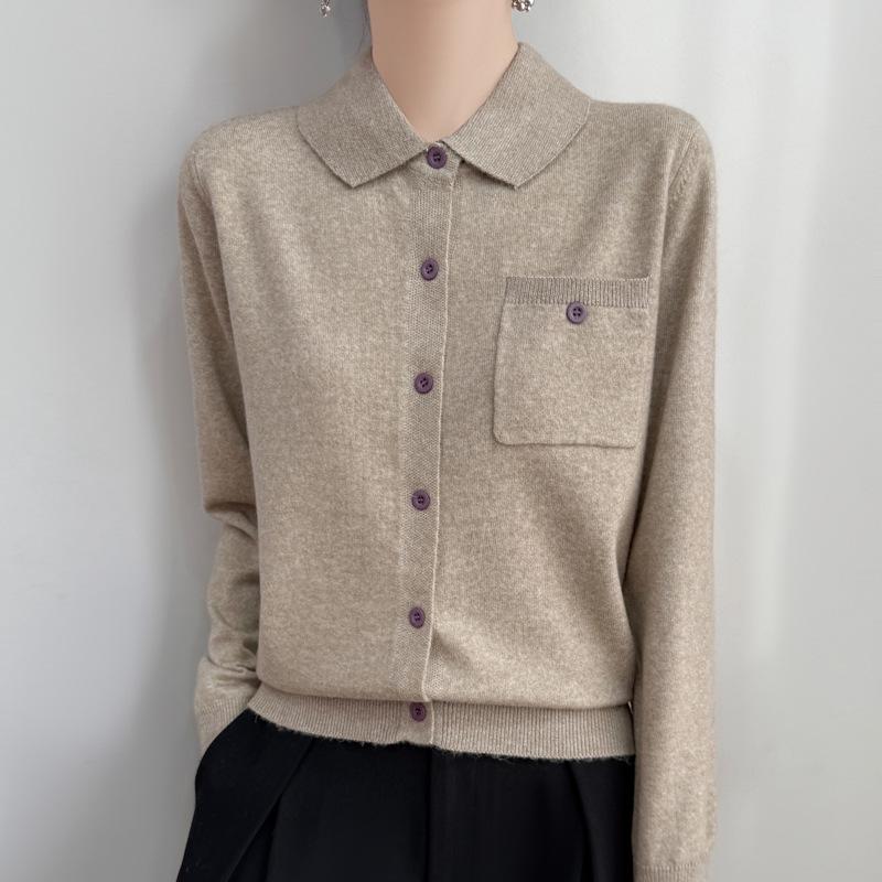 Women's Autumn Lapel Pocket Wool Cardigan – Long Sleeve Solid Color Knit Outerwear