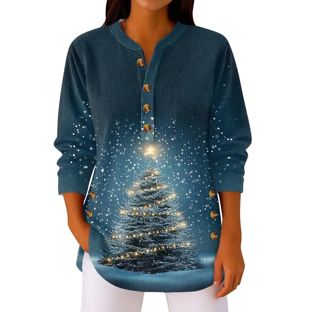 Women's Fashionable Button Collar Long-sleeved Christmas Print Pullover Top