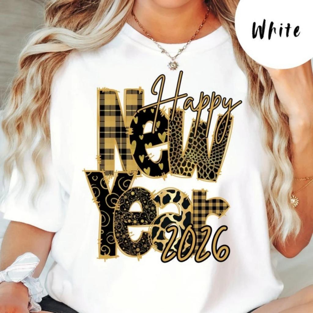 Happy New Year 2026 T-Shirt Festive New Year's Eve Celebration Shirt Cute New Year Graphic Tee Women Fashion Doodle Style Tops