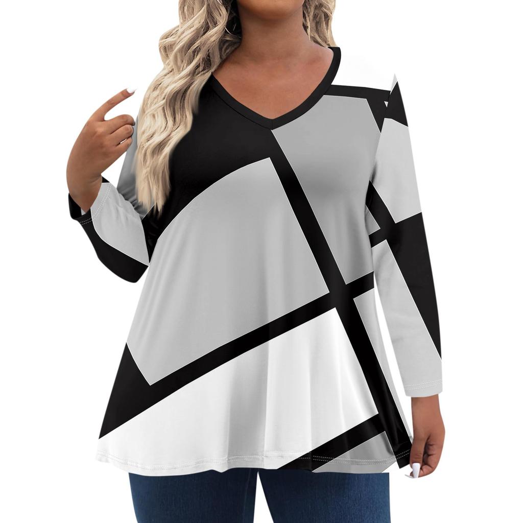 Женские топы больших размеров с длинным рукавом и принтом, рубашки с V-образным вырезом, повседневная одежда, топы