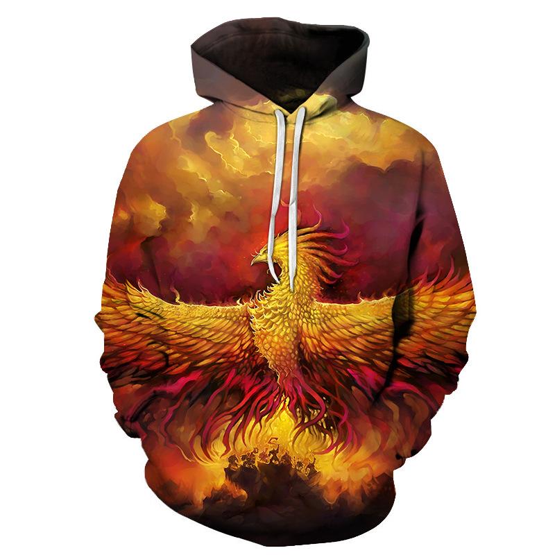 Popular 3D Men's Hooded Hoodie with Digital Printing Flame Phoenix Series Hoodie Loose and Versatile Top