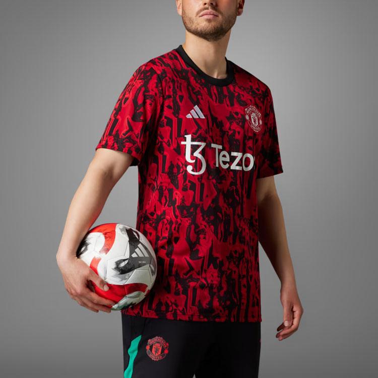 Adidas Предматчевая тренировка Manchester United с короткими рукавами и принтом, мужские футболки, красные, черные IA7242