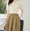 Summer new style pearl buckle heavy embroidery bubble sleeves with glossy organza fabric short sleeved shirt