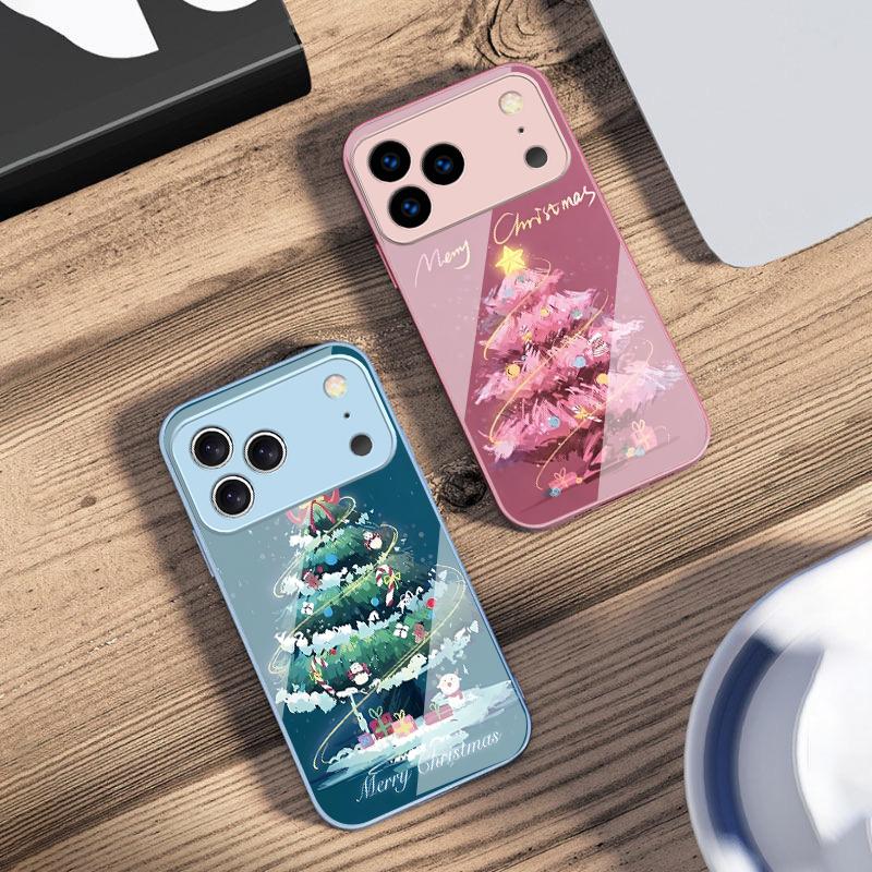 Украшенная Рождественская Елка Для iPhone 17 Air 16 E 15 14 13 Plus 12 mini 11 17 Pro Max XR Xs Max 16E 7 8 Закаленное Стекло Чехол Для Телефона