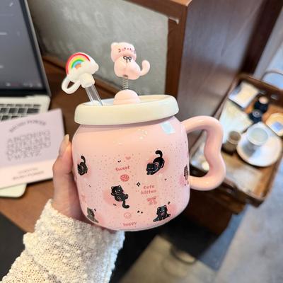 Кружка с кошкой и крышкой милая стакан с соломинкой керамическая кружка для воды большая емкость домашний офисный стакан для кофе завтрака
