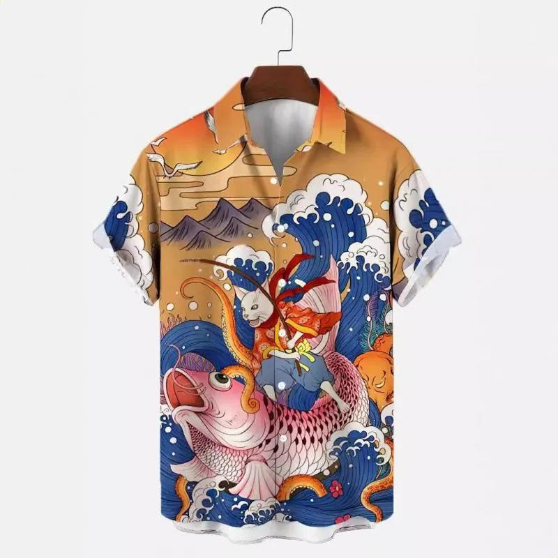 Summer Casual Street Fashion Koi Fish Pattern Hawaiian Men's