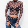 Mesh Tee Shirt Femme Sexy Long Sleeve Crop Top Chain Print T Shirt Women Streetwear Vintage Fishnet Top T-shirt  New Arrival