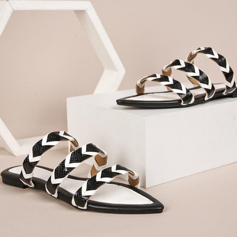 Fashion Pointed Toe Weave Flat Slippers Summer Fashion Open Toe Patchwork Women Sandals Casual Comfortable 36-43 Large Size Women Shoes