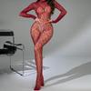 Long Sleeve Transparent Hollow Sexy Lingerie Wine Red Mesh Bodysuit Women's Stockings Tight Jumpsuit