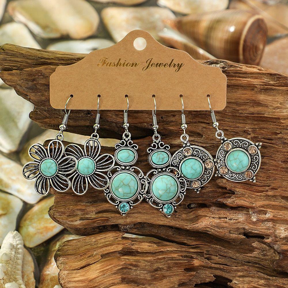 3 пары резных висячих серег серебристого цвета, серьги-капли, простой набор серег с бирюзой, для девушки