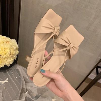 Модные тонкие ремешки с бантом, квадратный носок, средний каблук, летние туфли для женщин, элегантные однотонные слипоны, босоножки женские