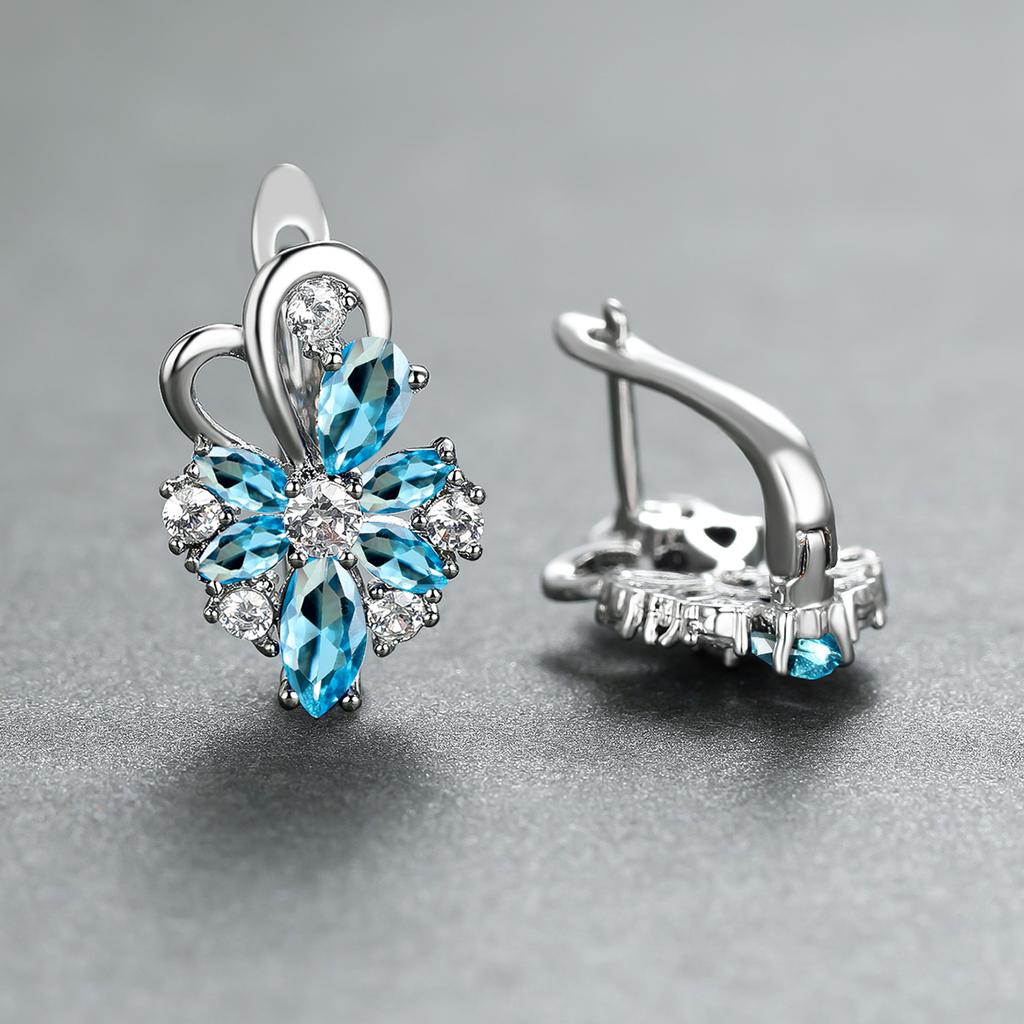 1 пара, серьги-клипсы в виде капли воды, синие, розовые, фиолетовые, цвета морской волны, с лепестками цветка, в цветочном стиле