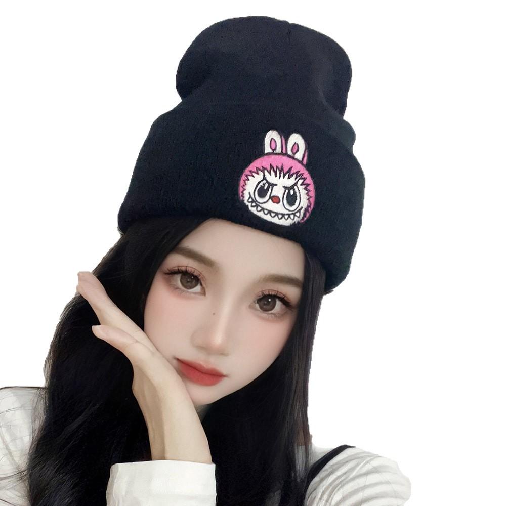 Men's and women's outdoor sports warm hats, autumn and winter trendy cartoon woolen hats, Labubu embroidered student knit hats