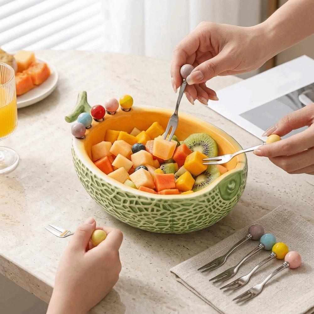 Large Capacity Fruit Serving Plate Ceramics Snack Plate with Fork Child Safety