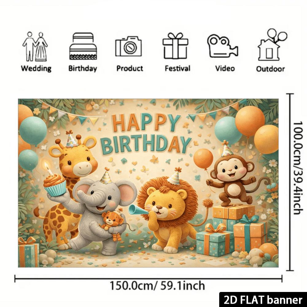 2D Flat Banner, Jungle Animal Birthday Backdrop, Giraffe, Elephant, Lion, Monkey, Colorful Balloons, Gift Boxes, Greenery, Polyester