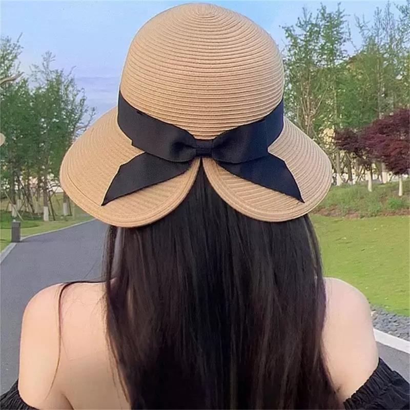 Fashion Wide Brimmed Sun Hat Natural Straw Woven Hat with Bowknot Decor Foldable Design Headwear for Women Girl Outdoor