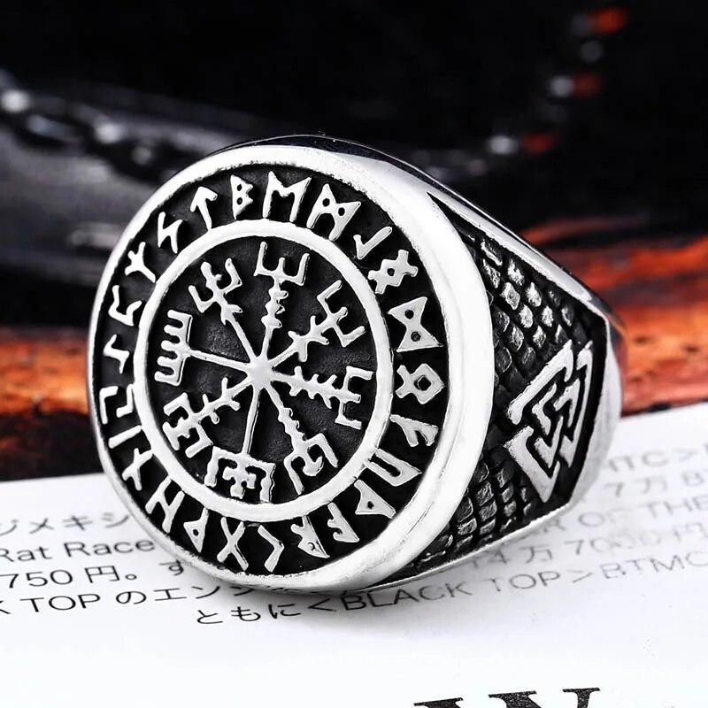 Men Biker Nordic Viking Rings Stainless Steel Retro Nordic Ethnic Belief Odin Viking Rune Ring Men Amulet Jewelry
