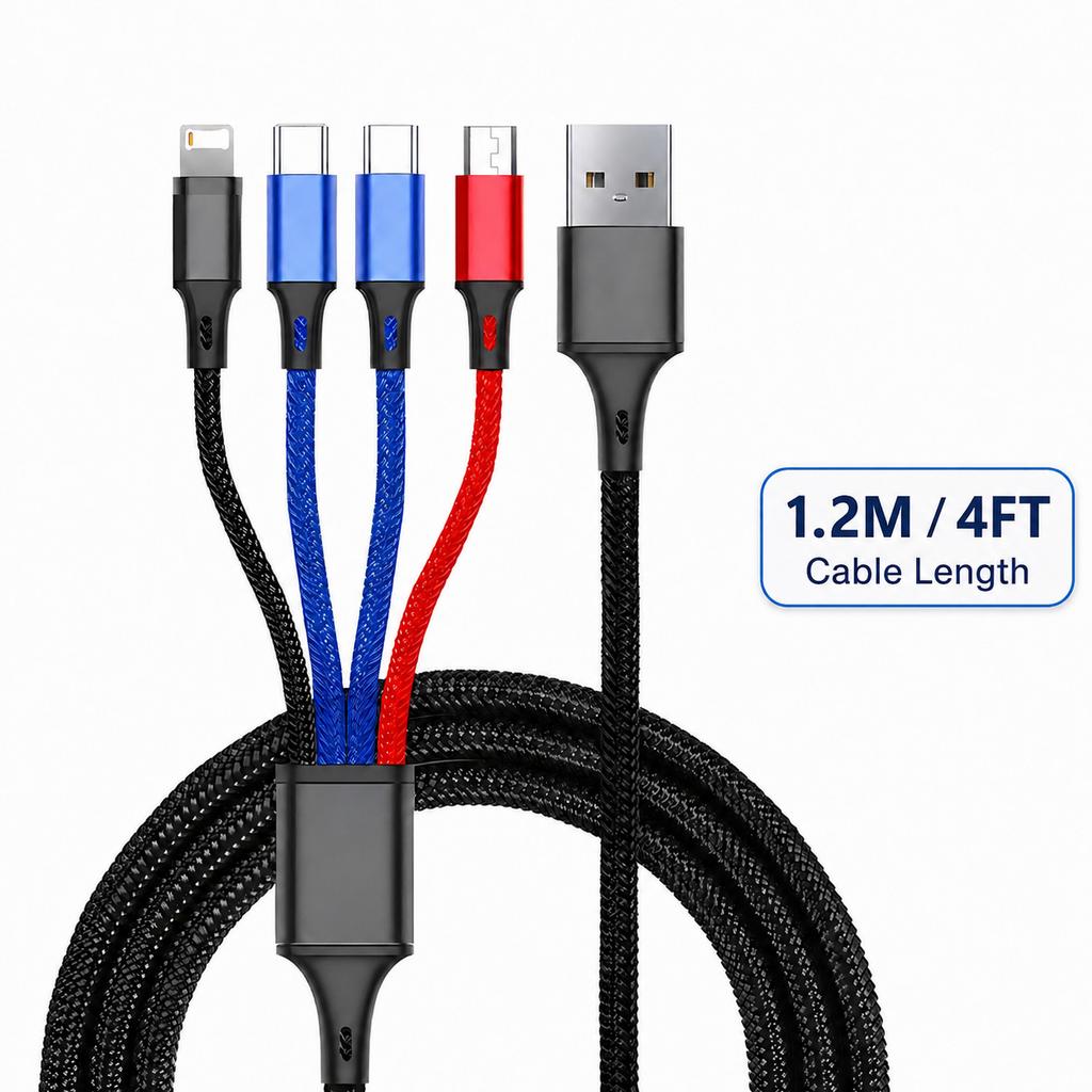 4-в-1 Мультизарядный кабель 3A Быстрая зарядка Плетеный нейлоновый USB-кабель Type C Micro Lightning для Samsung Huawei Android
