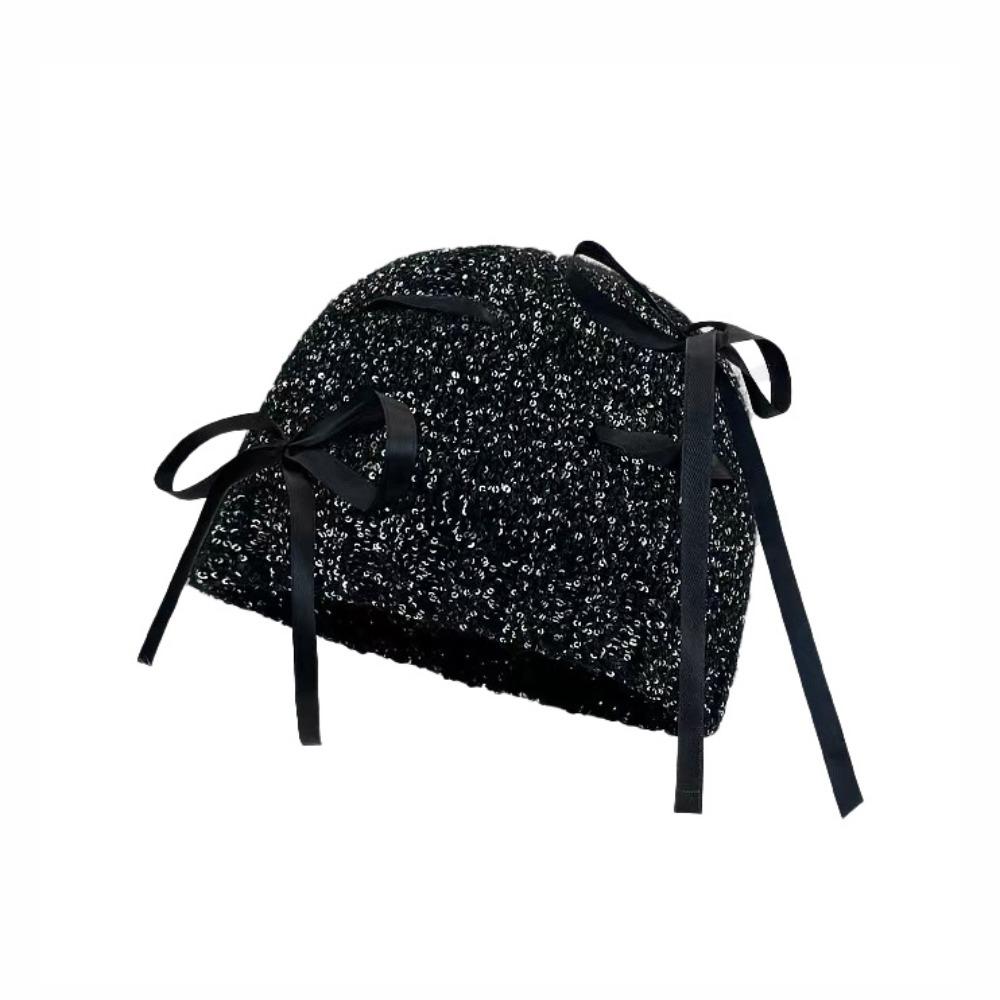 Vintage Beanie Hat Bowknot Woven Cap Fashion Sequin Knitted Hat Autumn