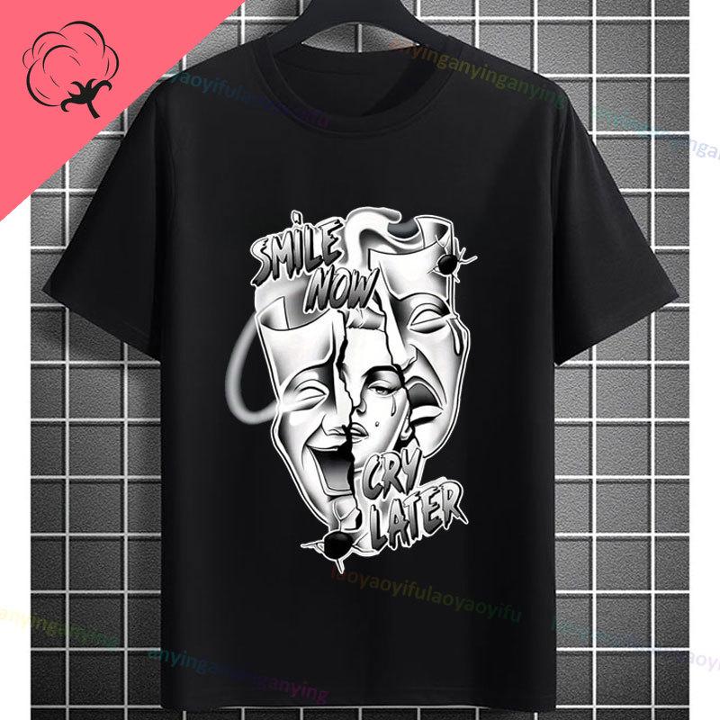 Funny Smile Now Cry Later Clown Mask Graphic Tshirt Chicano Style Shortsleeve Pure Cotton Streetwear Fashion Casual Tshirt