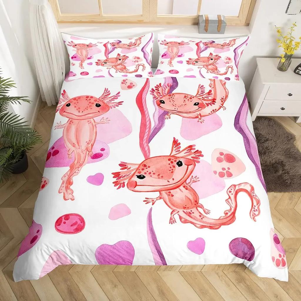 Одеяло Мультяшный Розовый Аксолотль Цветочный King Queen Kawaii Саламандра Комплект Постельного Белья 3D Животное Полиэстер Одеяло