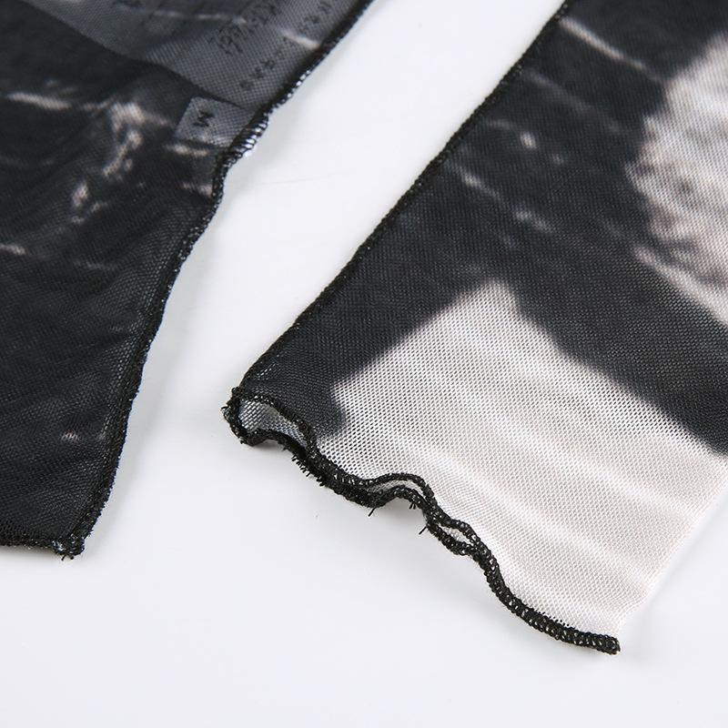 Модные тонкие сетчатые топы с абстрактным принтом и длинными рукавами и круглым вырезом, короткий кружевной женский топ