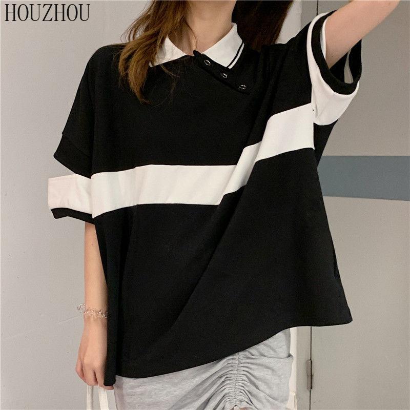 HOUZHOU Футболка ПОЛО женская летняя корейская свободная с коротким рукавом полая корейская шикарная повседневная оверсайз