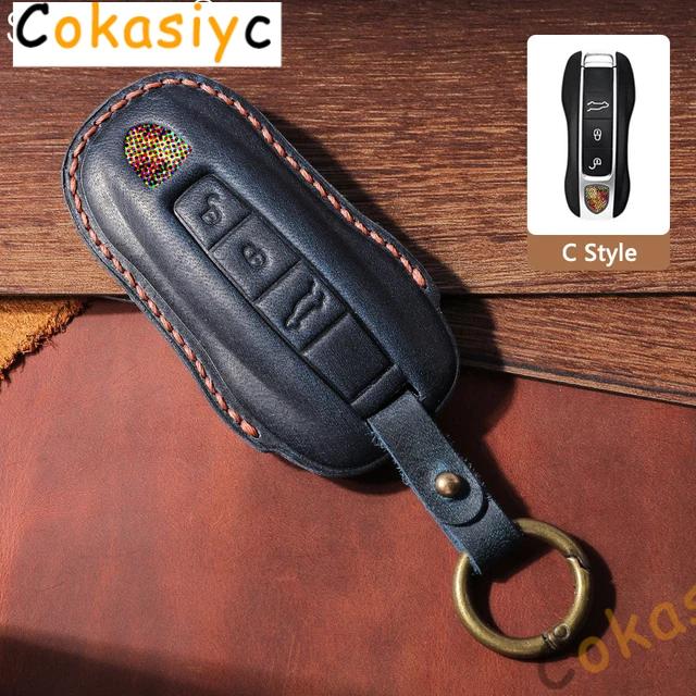 AABKR1 Leather Car Key Case Cover For Porsche Macan 911 Panamera Cayenne 2018 Replacement Boxster 986 987 981 Remote Fob Shell Keychain