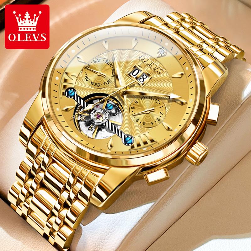 OLEVS 9965 Automatic Men's Watches Skeleton Flywheel Calendar Waterproof Luminous Multifunctional Mechanical Wrist Watch for Man