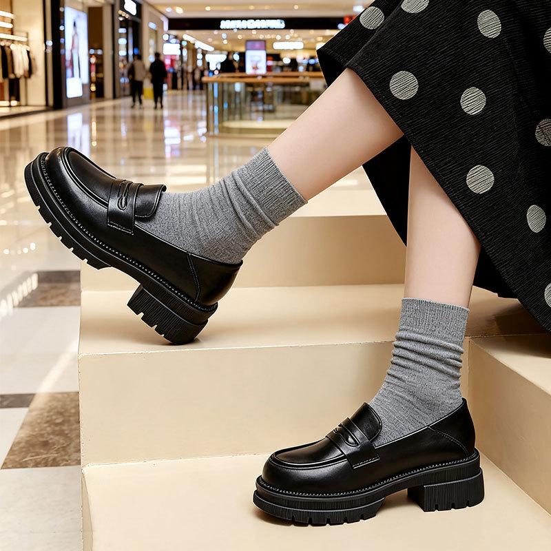 Small Leather Shoes Women's New Spring and Autumn Thick Heel Platform British Style Retro Soft Leather Single Shoes Women