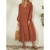 Women New Fashion Long Sleeve Lantern Sleeve Dress Solid Color V Neck Loose Casual Pullover Long Dresses