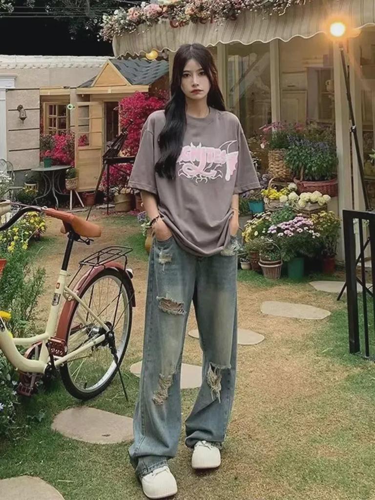 Универсальные рваные широкие джинсы для женщин - Летний тренд, прямые брюки в стиле ретро с эффектом потертости