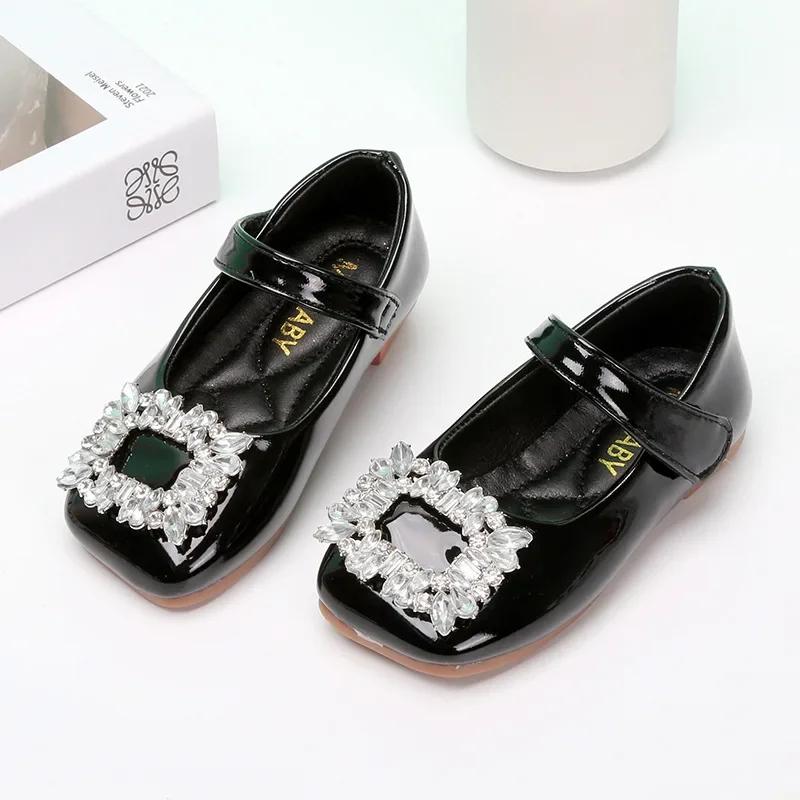 Baby Girls Leather Shoes for Party Wedding Kids Black Mary Janes with Rhinestone Buckle Princess Sweet Chic Children's Flats New