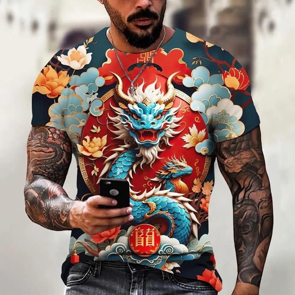 Мужская футболка с драконом, модная футболка с 3D принтом, с животным узором, с короткими рукавами, уличная одежда большого размера, футболки, летние повседневные мужские топы