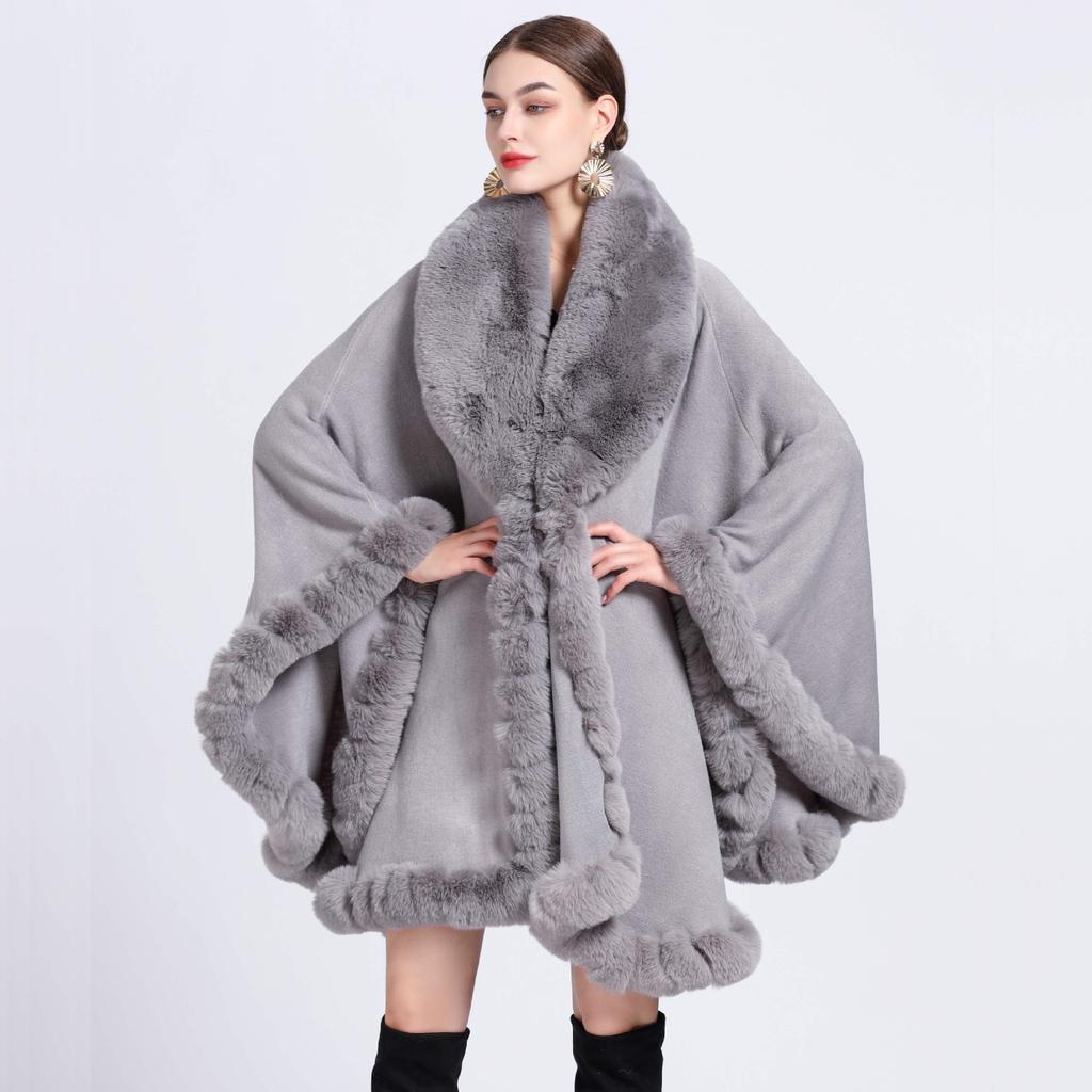 16 Colors Women String Rabbit Fur Collar Outstreet Wear Winter Thick Poncho Cardigan Long Cloak Big Pendulum Loose Shawl Coat